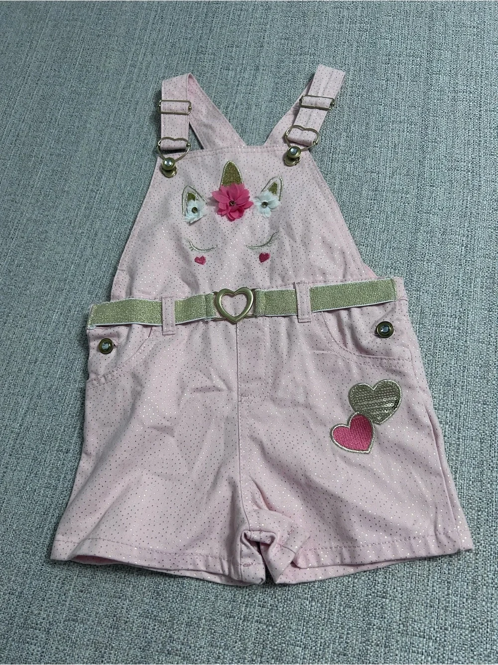 Little Lass Unicorn Overall Romper Striped Ruffle Sleeve Tee w Hat Size 4T NWT